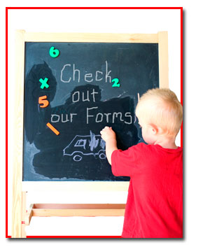 Little boy writing check out our forms on a board